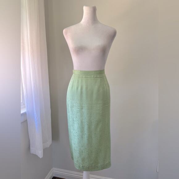 Vintage ‘90s Papell 100% Silk Green Beaded Short Sleeve Jacket + Midi Skirt Set - Picture 7 of 11